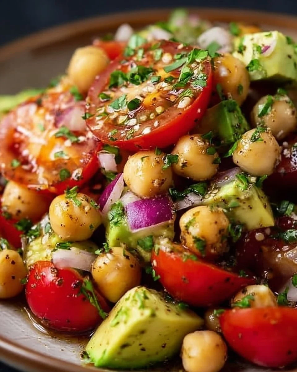 Kichererbsensalat mit Avocado und Tomate in einer bunten Schüssel
