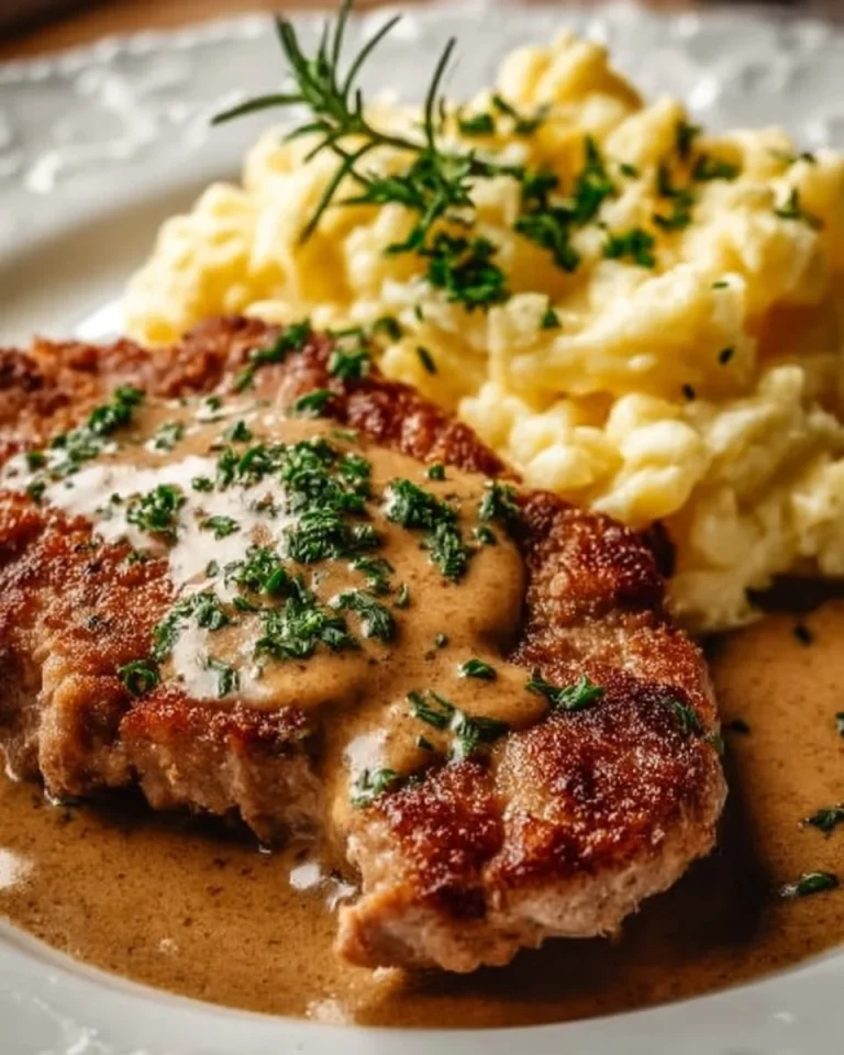 Klassisches Rahmschnitzel mit cremiger Sauce auf einem Teller angerichtet