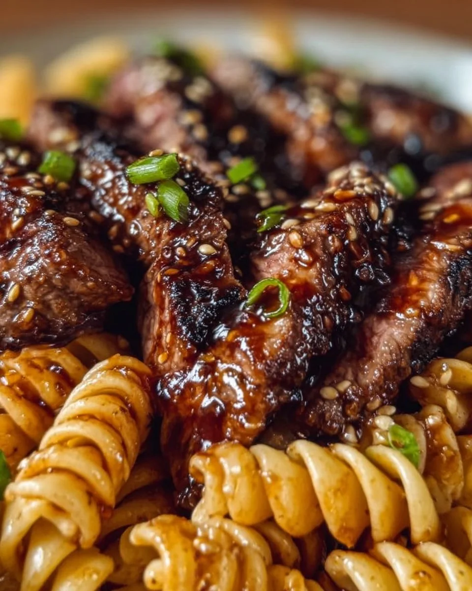 Klebriges Honig-Knoblauch-Steak serviert mit Rotini-Nudeln