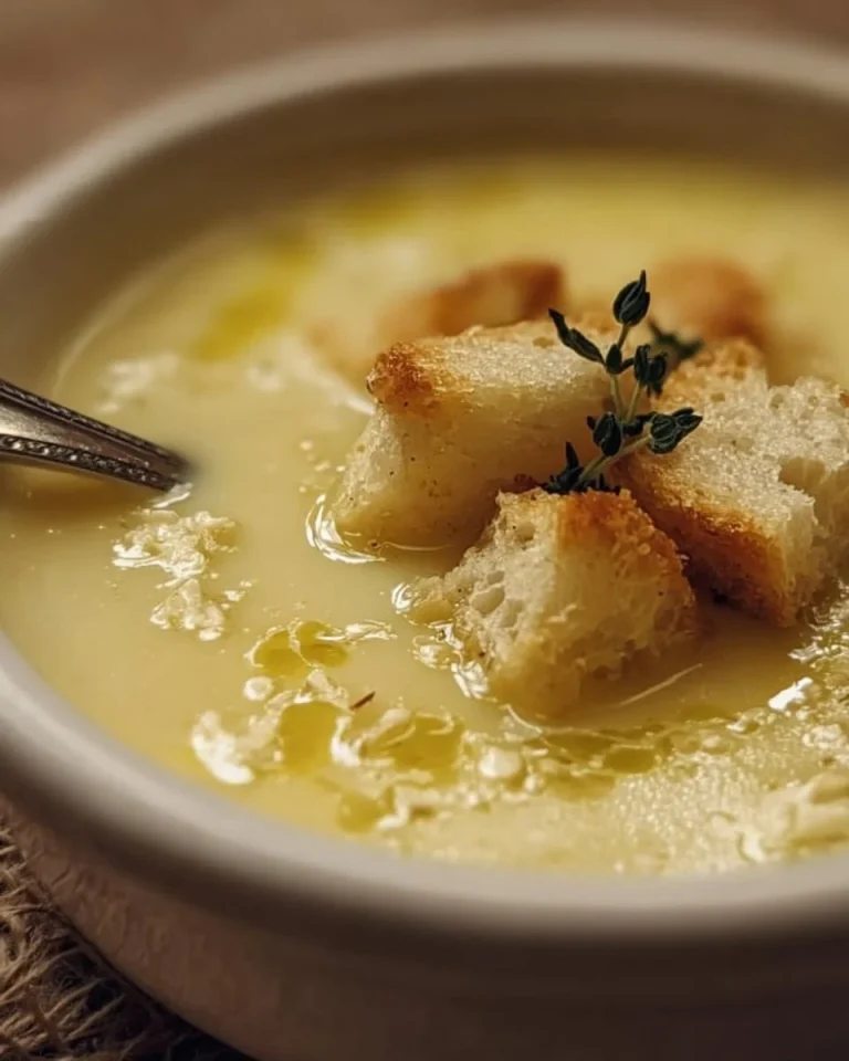 Köstliche deutsche Knoblauchsuppe in einer weißen Schüssel mit frischem Brot