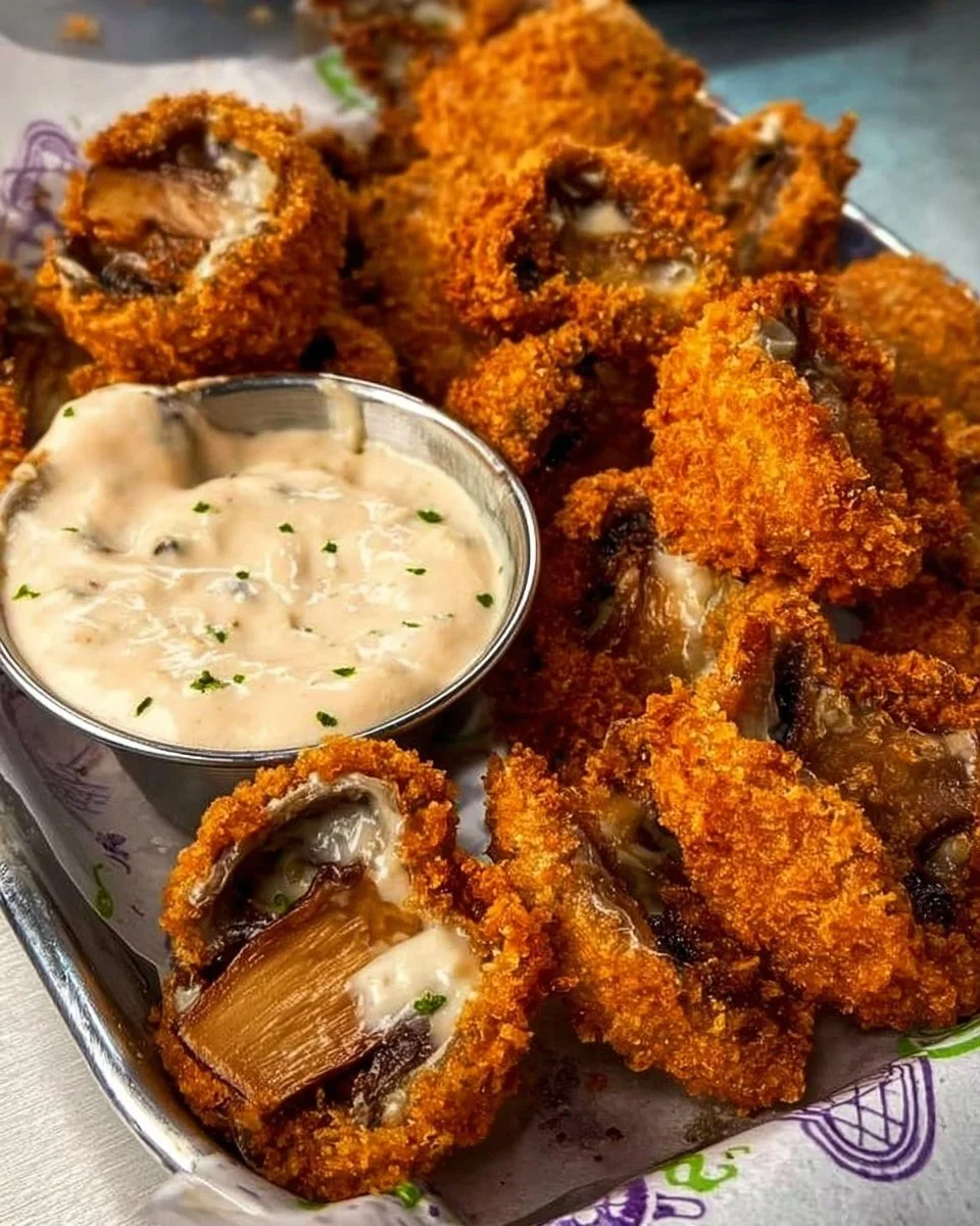 Knusprig frittierte Champignons mit leckerem Dip serviert