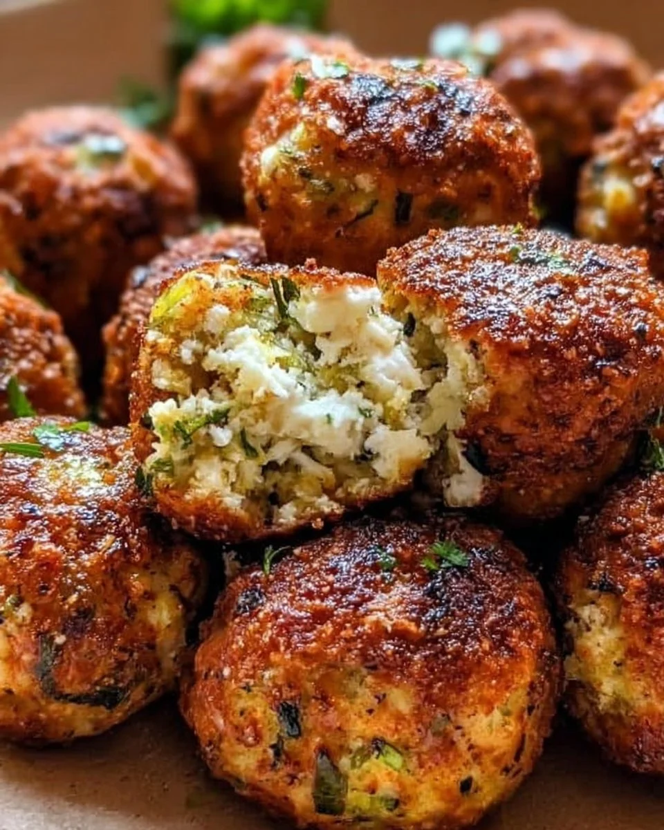 Knusprige Zucchini-Feta-Bällchen frisch aus dem Ofen mit Kräutern garniert