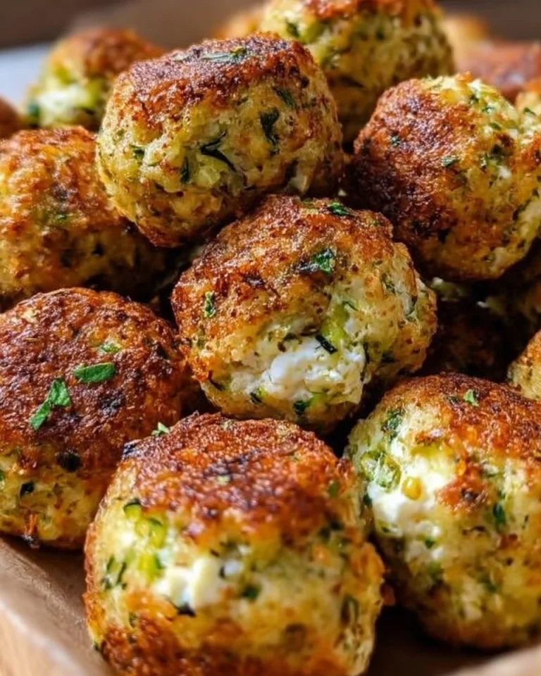 Knusprige Zucchini-Feta-Bällchen frisch aus dem Ofen auf einem Teller serviert.