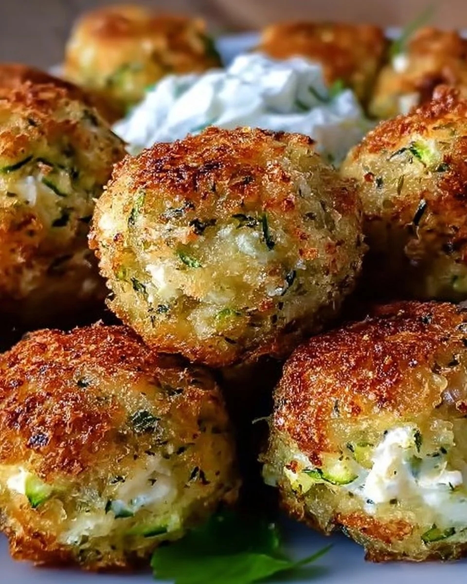 Knusprige Zucchini-Feta-Bällchen frisch aus dem Ofen auf einem Teller