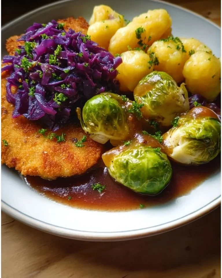 Knuspriges Schnitzel mit Beilagen aus Rosenkohl, Rotkohl und Kartoffelknödeln