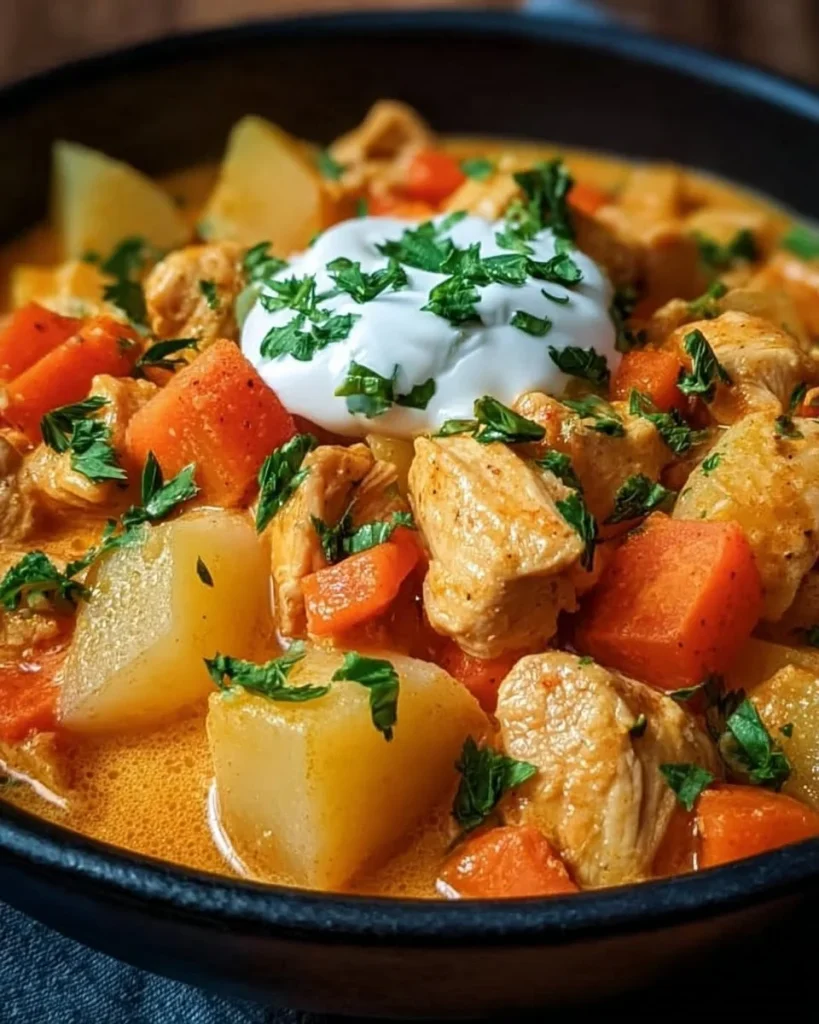 Kohlrabi-Möhren-Hähnchen-Pfanne auf einem Teller angerichtet