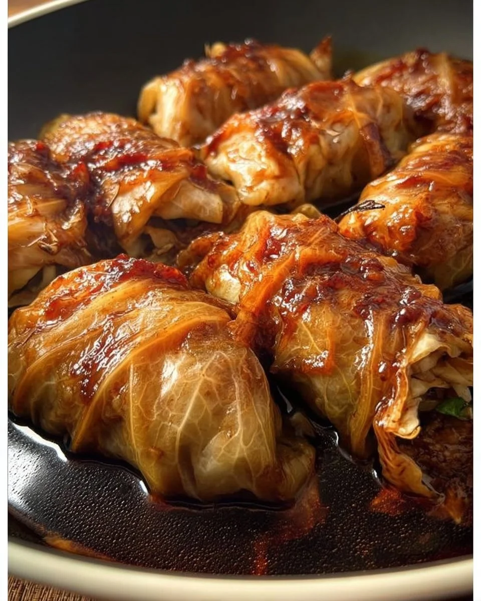 Kohlrouladen auf einem Teller, gefüllt mit Rindfleisch und Gewürzen.
