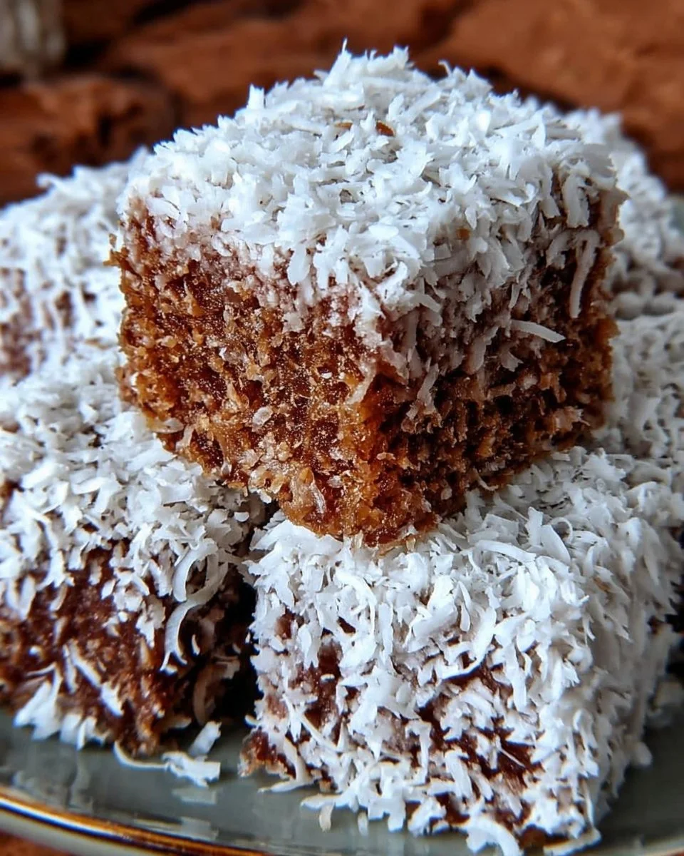 Kokosschnitten auf einem Teller, dekoriert mit Kokosraspeln.