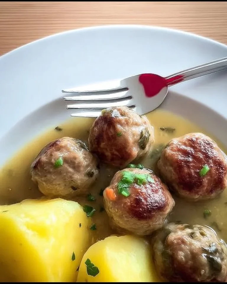 Königsberger Klopse mit Kapern in einer cremigen Sauce auf einem Teller