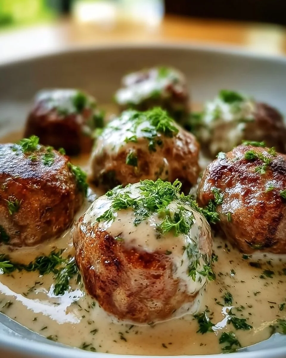 Königsberger Klopse mit Kapernsauce auf einem Teller serviert