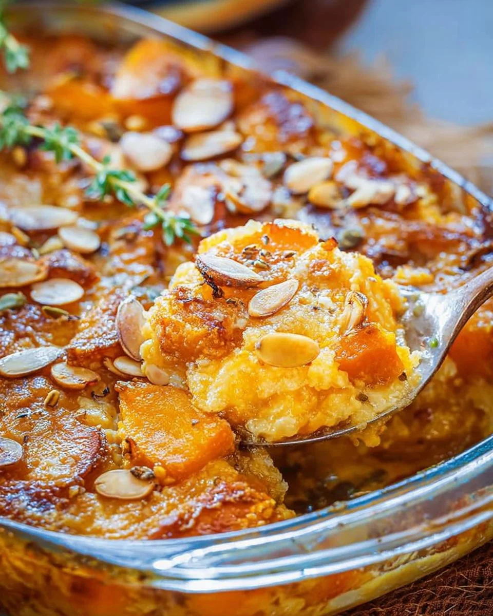 Leckerer Kürbisauflauf mit frischen Zutaten auf einem Teller serviert.