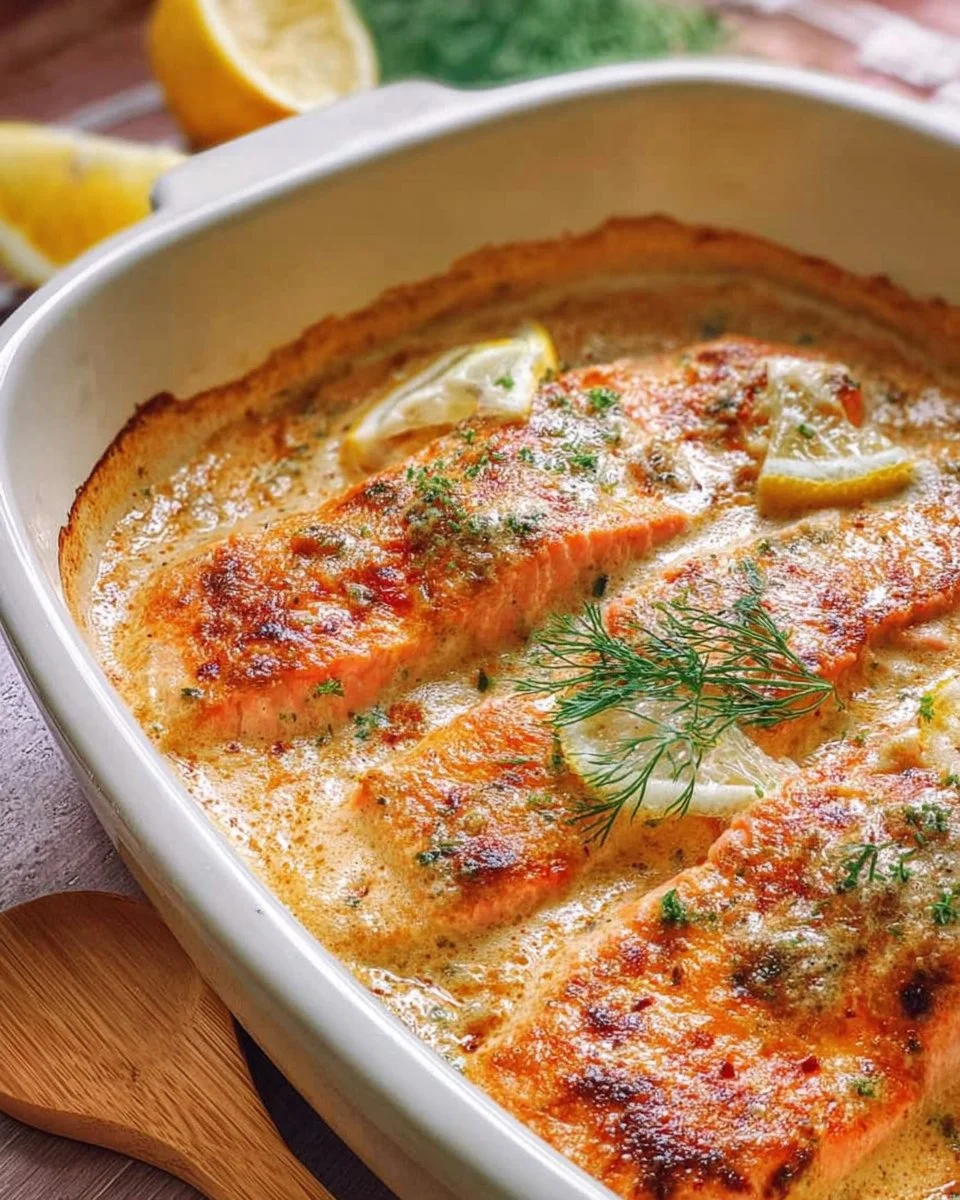 Lachs-Sahne-Gratin auf einem Teller angerichtet, garniert mit frischen Kräutern