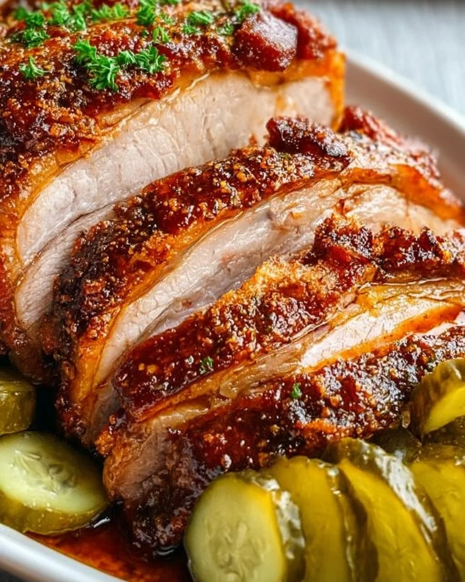 Saftiger Schweinebraten mit knuspriger Kruste auf einem Teller serviert.