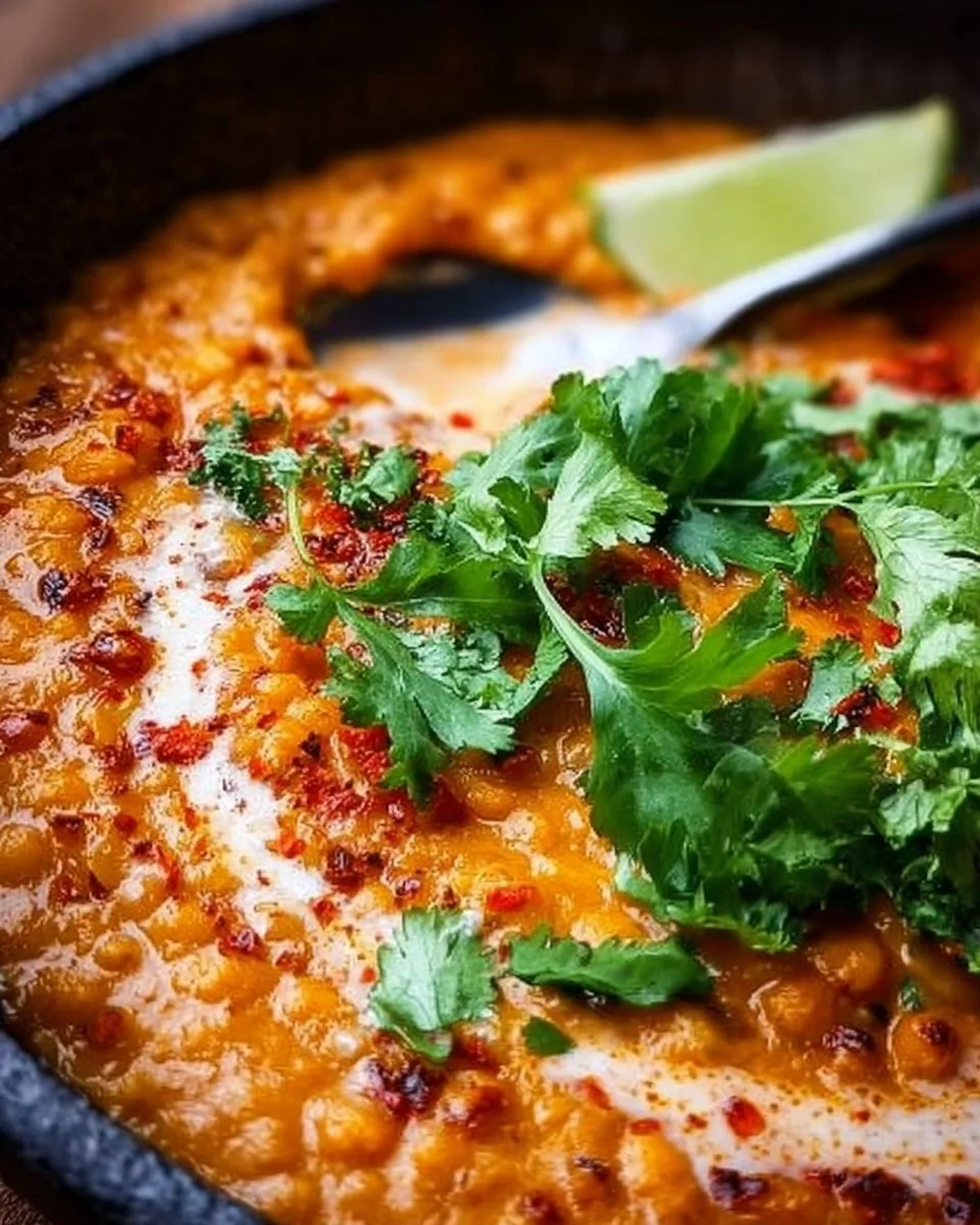 Eine Schüssel Linsen-Dal, serviert mit frischen Kräutern und Gewürzen.