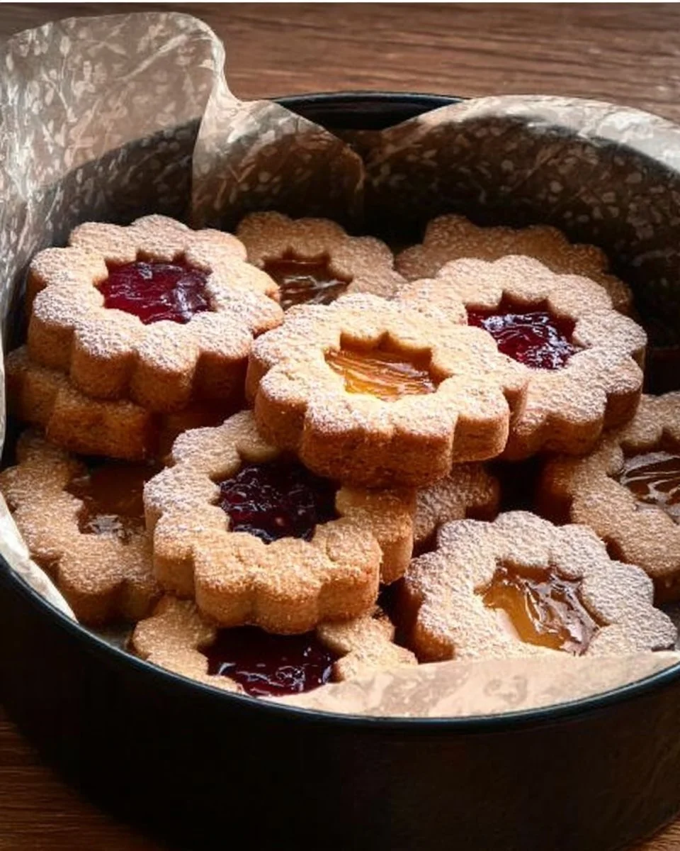 Ein Teller mit golden-braunen Linzer Plätzchen, gefüllt mit roter Marmelade.