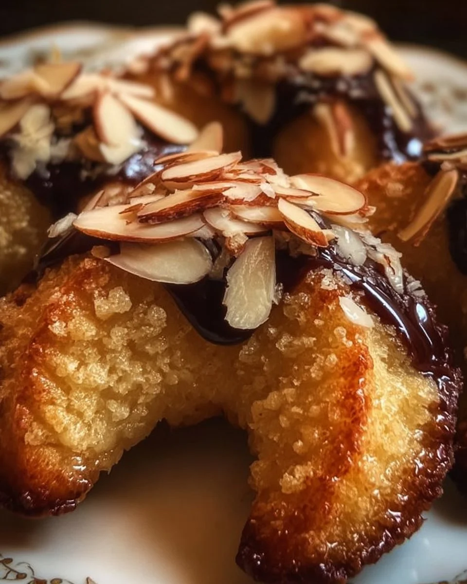 Leckere Mandelhörnchen mit Mandeln und Marzipan auf einem Teller