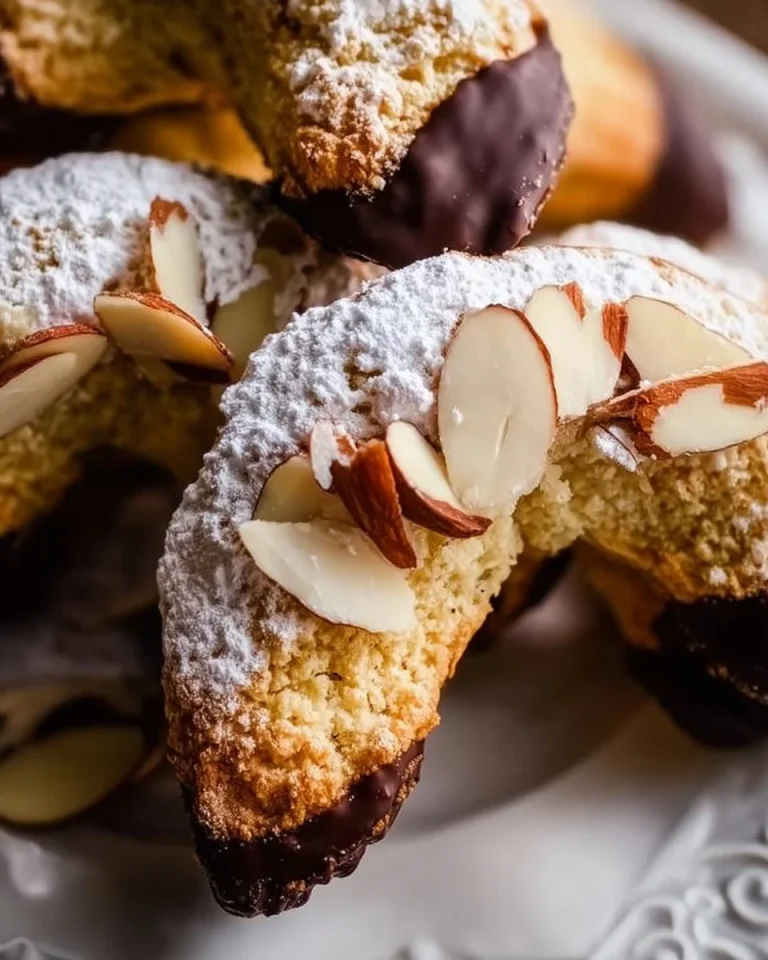 Platte mit frisch gebackenen Mandelhörnchen, verziert mit Schokolade und Mandeln.