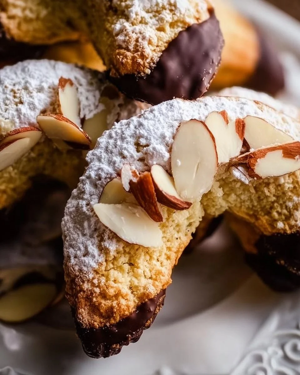 Platte mit frisch gebackenen Mandelhörnchen, verziert mit Schokolade und Mandeln.