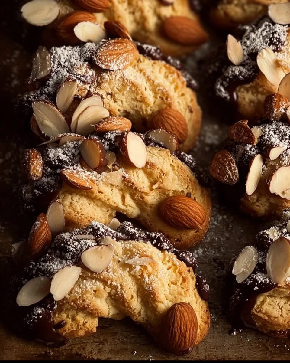 Leckere Mandelhörnchen mit Mandeln und Marzipan auf einem Teller