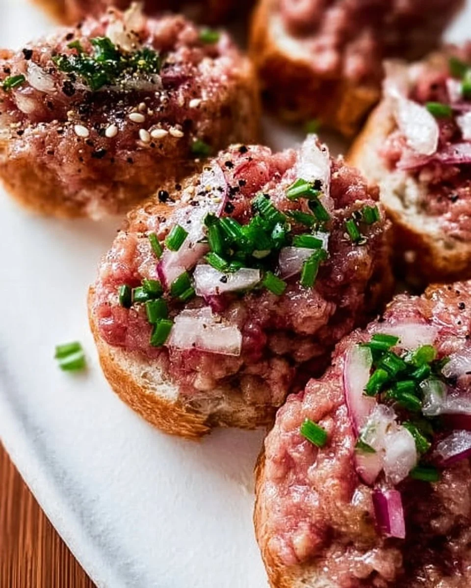 Frisch zubereitete Mettbrötchen mit rohem Schweinefleisch auf einem Brot.