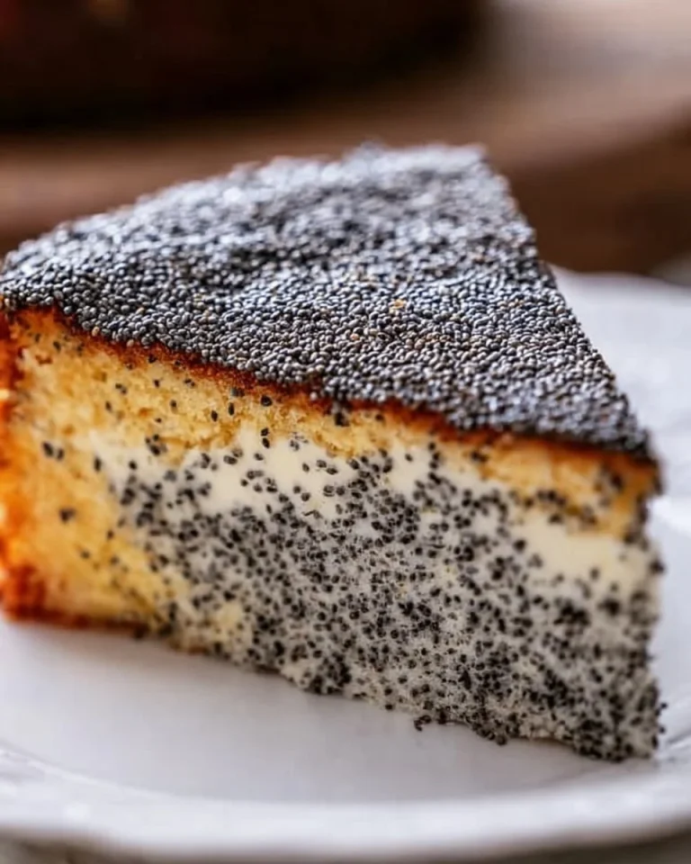 Saftiger Mohnkuchen mit Mohnfüllung und Puderzucker dekoriert