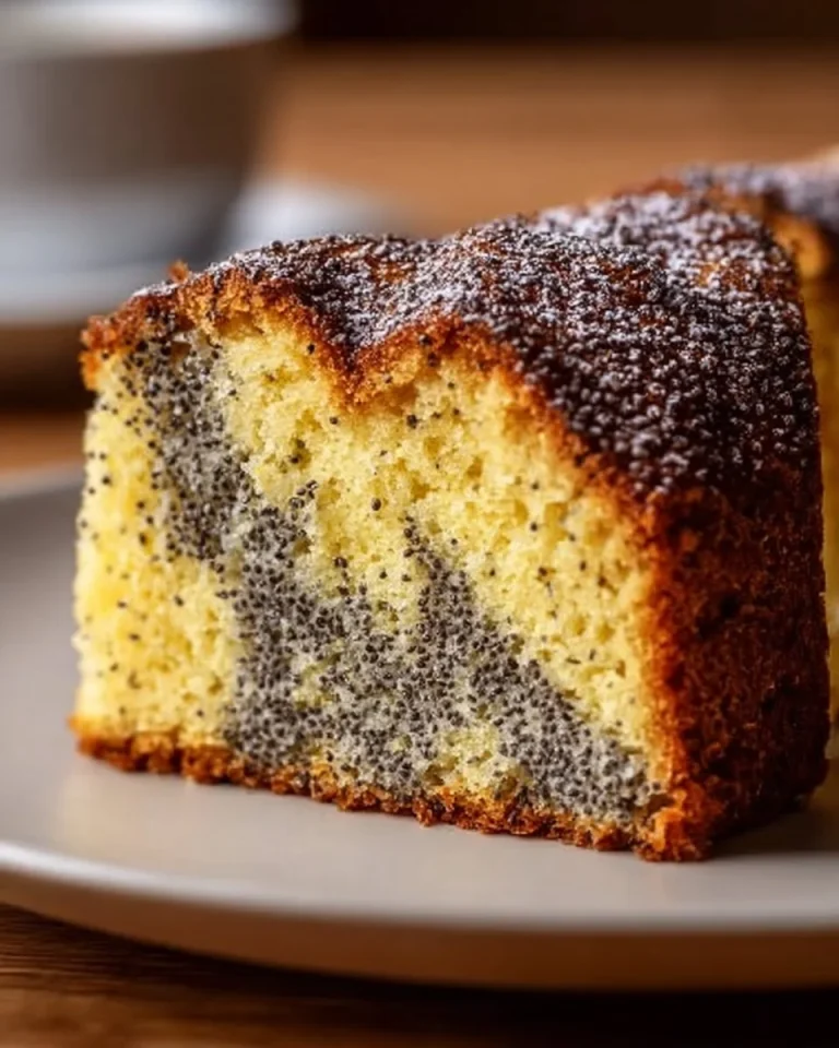 Mohnkuchen mit saftiger Füllung und knusprigem Teig auf einem Teller