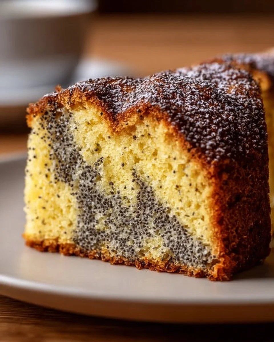 Mohnkuchen mit saftiger Füllung und knusprigem Teig auf einem Teller