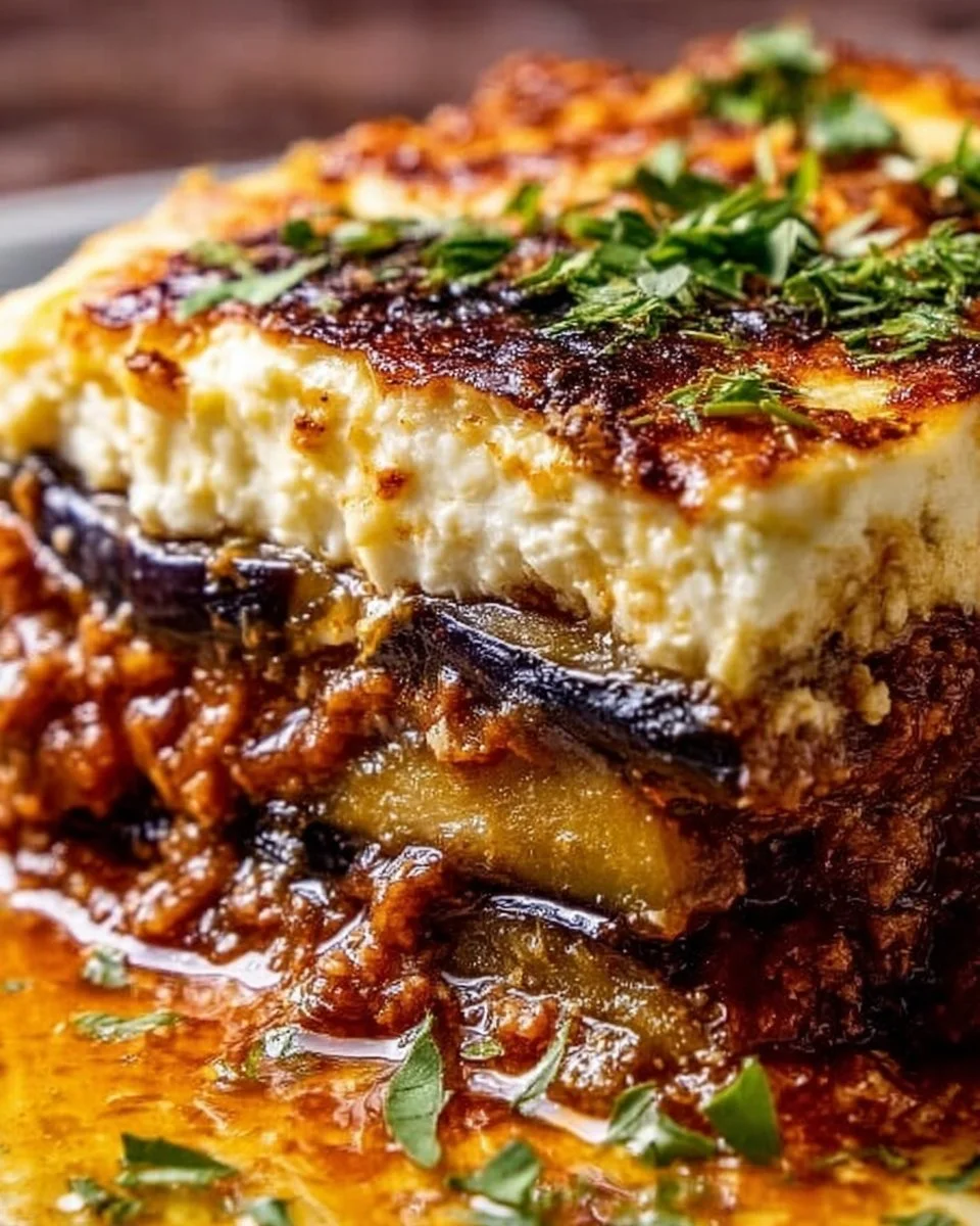 Traditionelles Moussaka mit Auberginen und Hackfleisch in einer Auflaufform