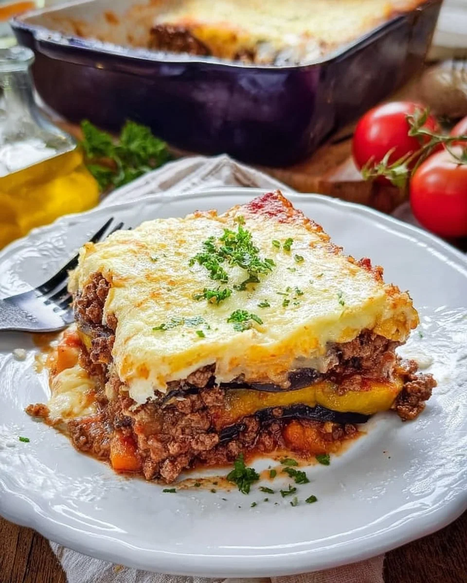 Typisches griechisches Moussaka mit Auberginen und Béchamelsauce.
