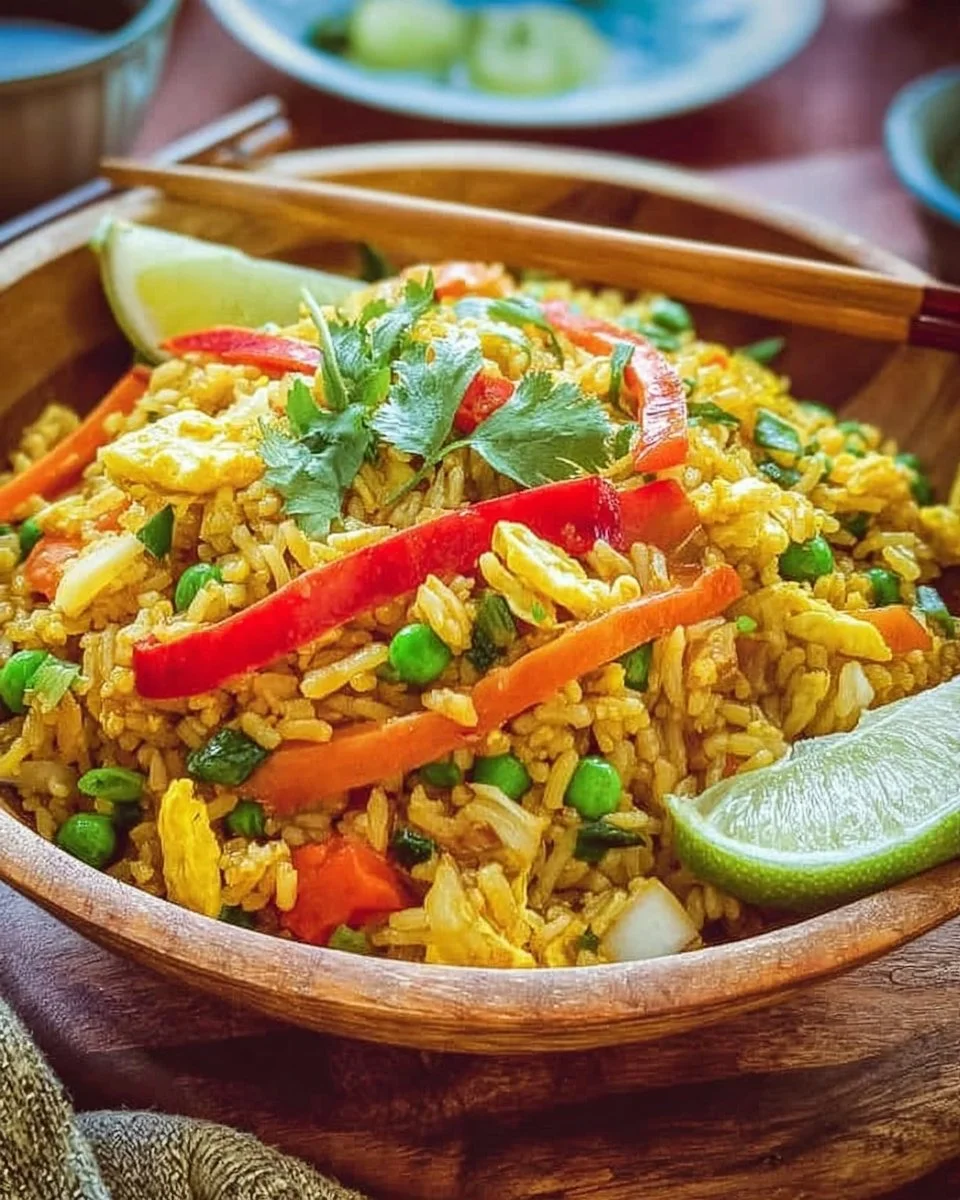 Teller mit köstlichem Nasi Goreng, serviert mit Gemüse und Kräutern.