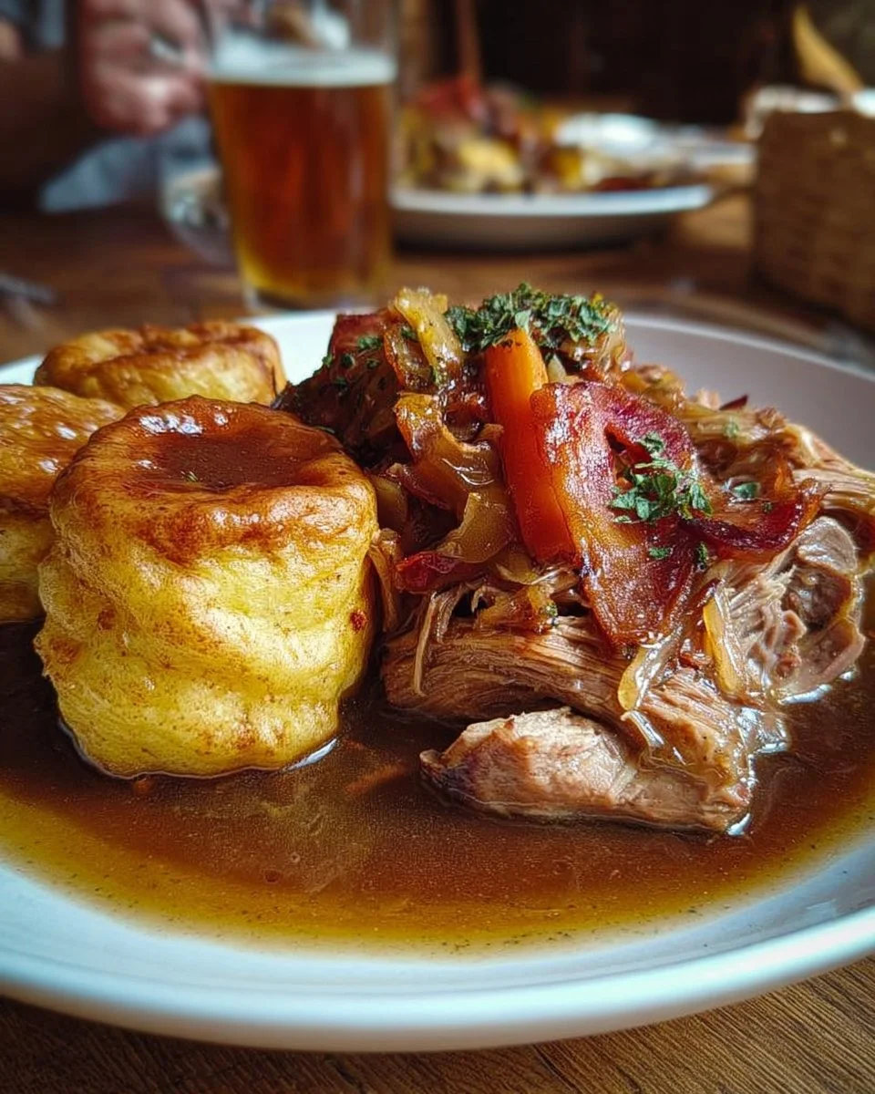 Neuengland-Hühnchen mit Knödeln auf einem Teller serviert