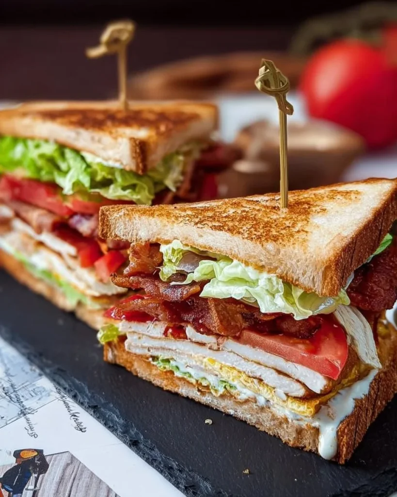 Leckeres New Yorker Club-Sandwich mit Fleisch, Gemüse und Toastbrot