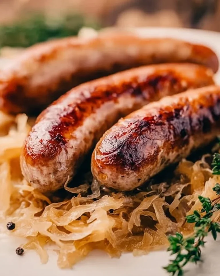 Nürnberger Rostbratwurst mit Sauerkraut auf einem Teller serviert.