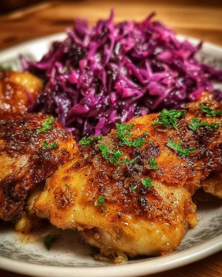 Oktoberfest Hähnchen mit rotem Kohl serviert auf einem festlichen Tisch.