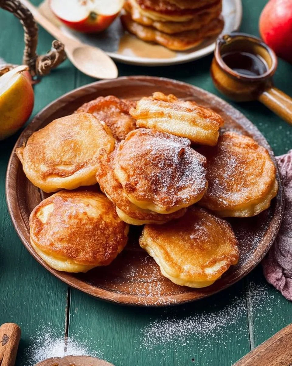 Omas Apfelküchle auf einem Teller, frisch zubereitet mit Puderzucker bestäubt.