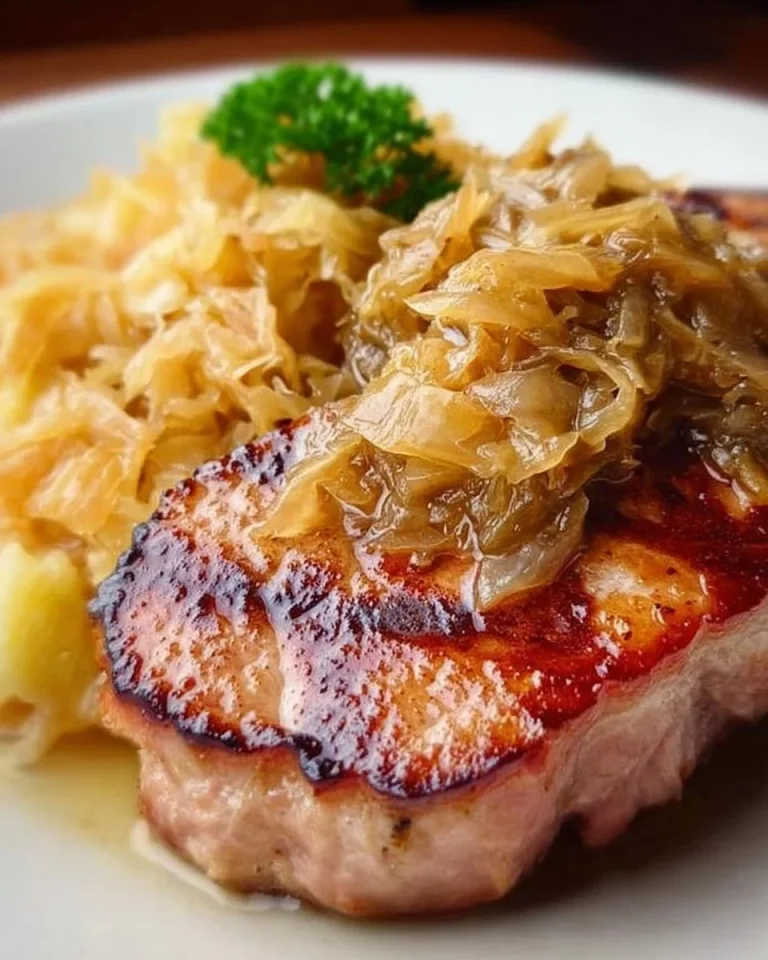 Traditionelles Omas Kasseler mit Sauerkraut auf einem Teller serviert.