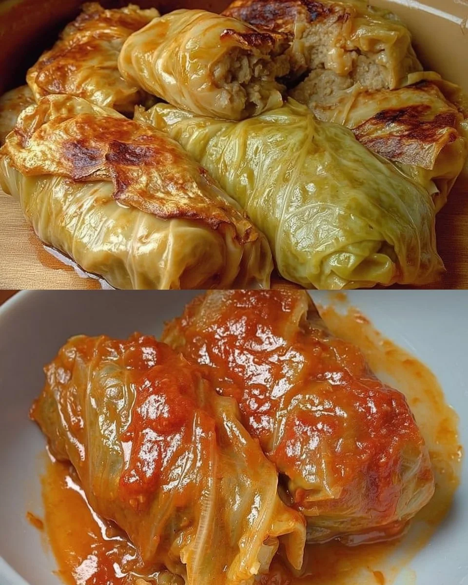 Omas traditionelle Kohlrouladen serviert mit Soße und Beilagen.