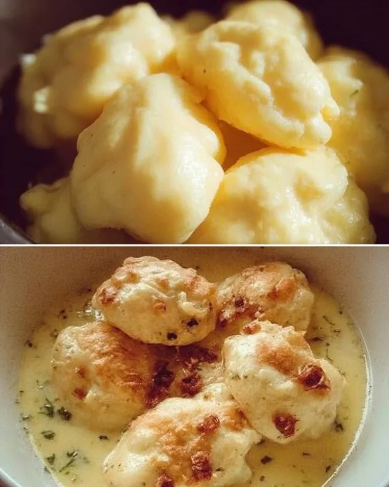 Omas Mehlklöße serviert mit Soße auf einem weißen Teller