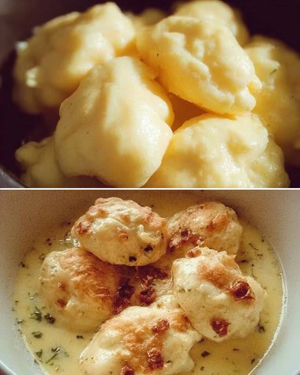 Omas Mehlklöße serviert mit Soße auf einem weißen Teller