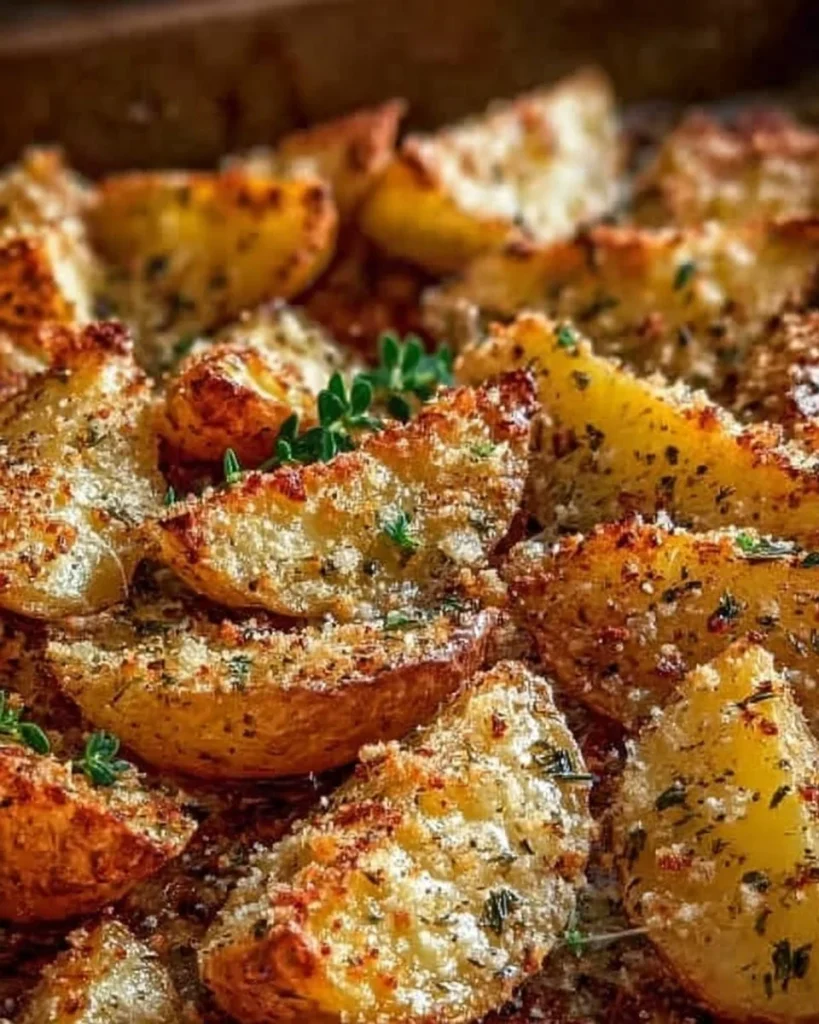 Leckere Parmesan Kartoffeln frisch aus dem Ofen, goldbraun und knusprig.