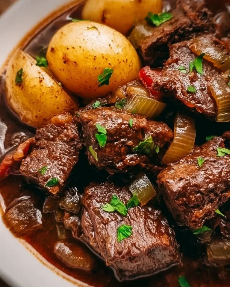 Pfefferpotthast auf einem Teller mit Soße und Beilagen.