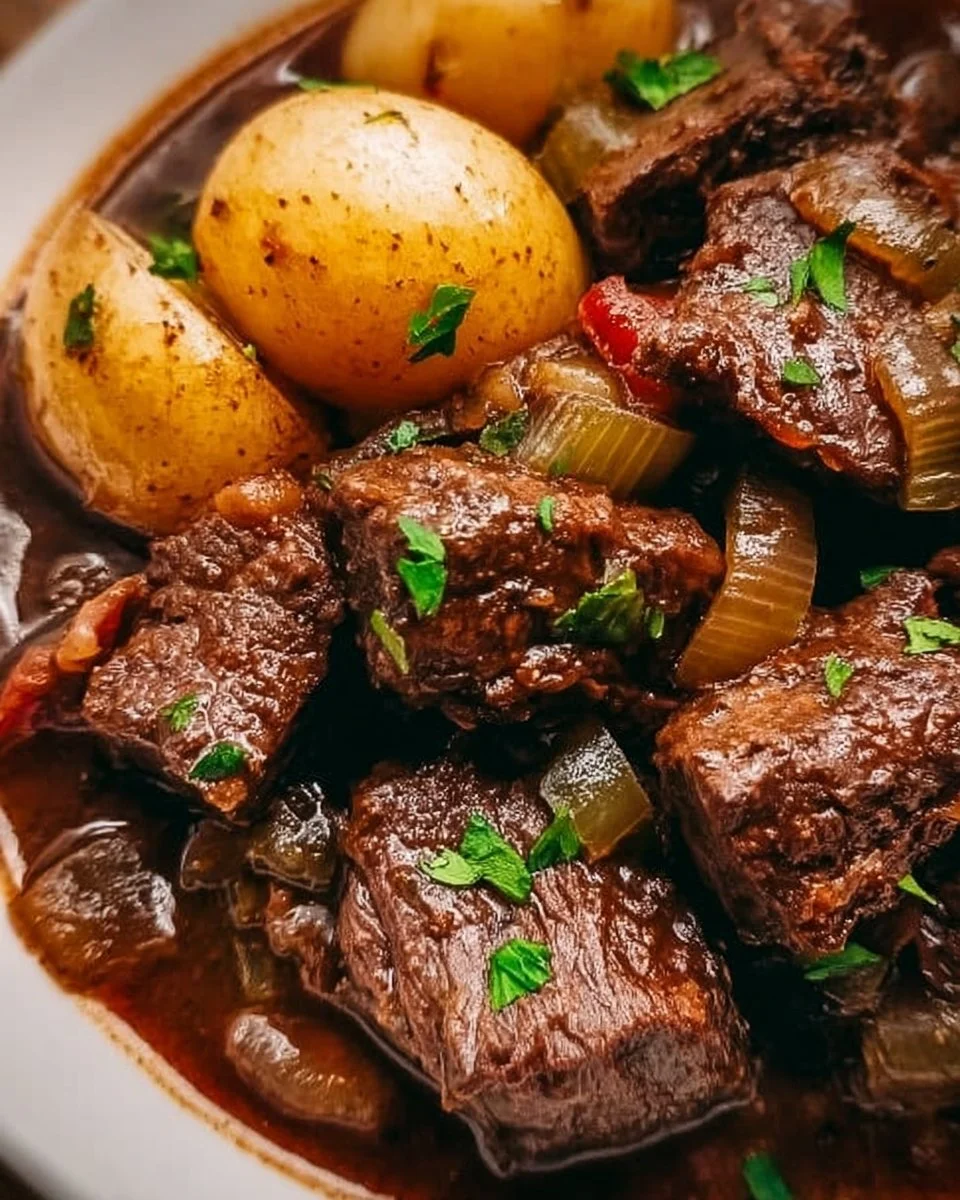 Pfefferpotthast auf einem Teller mit Soße und Beilagen.