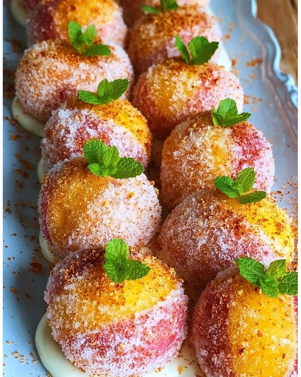 Pfirsichkugeln mit paradiesischer Creme auf einem Teller serviert