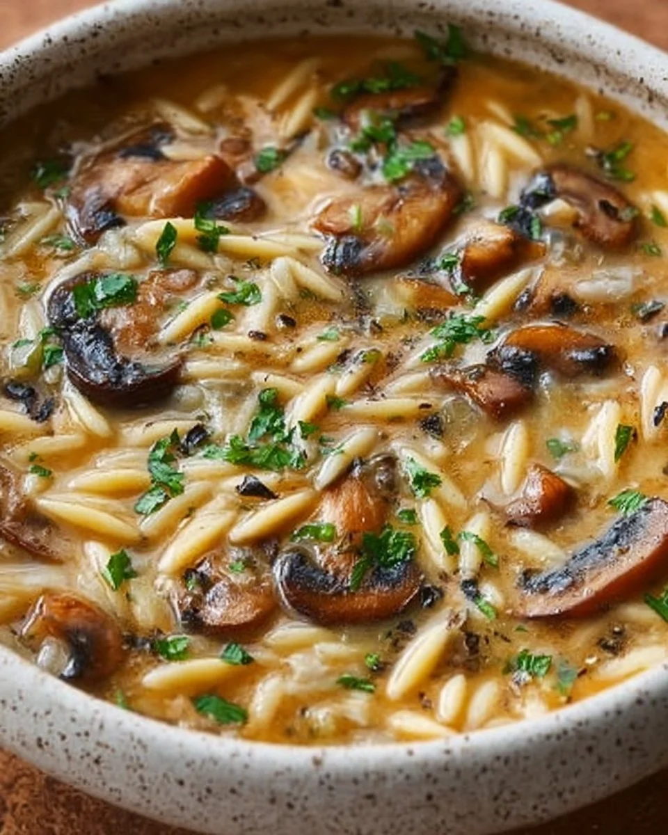 Leckere Pilzsuppe mit Orzo-Nudeln in einer Schüssel serviert