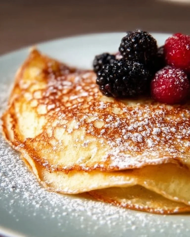 Plinsen - Deutsche Pfannkuchen auf einem Teller mit Beeren und Puderzucker