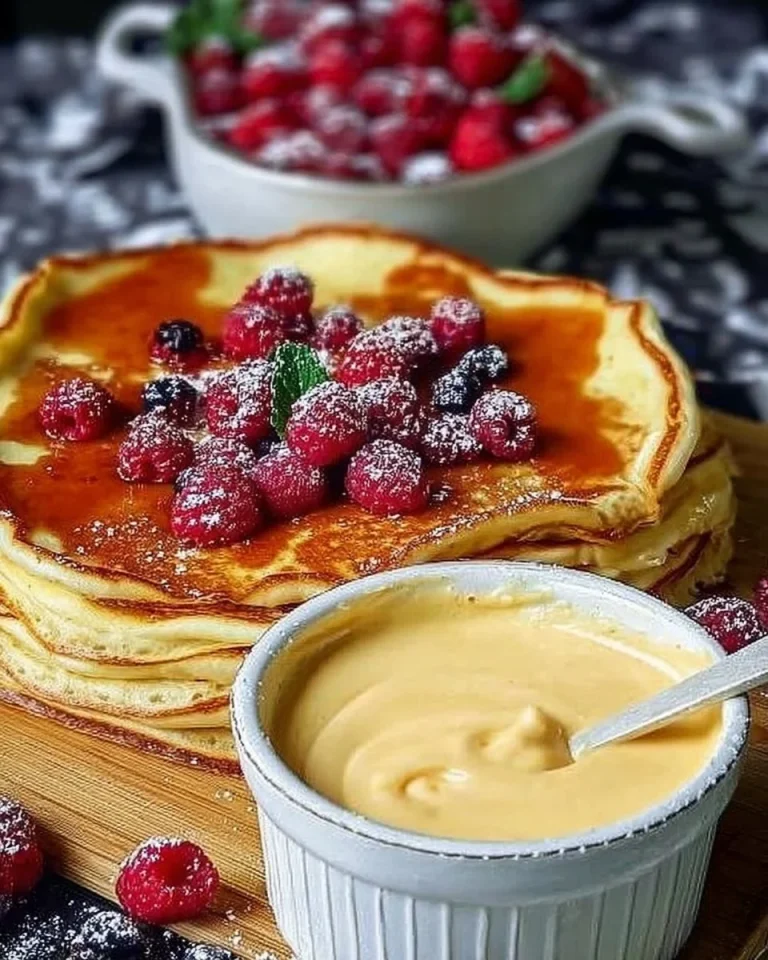 Quark Pfannkuchen mit Pudding ohne Mehl auf einem Teller serviert