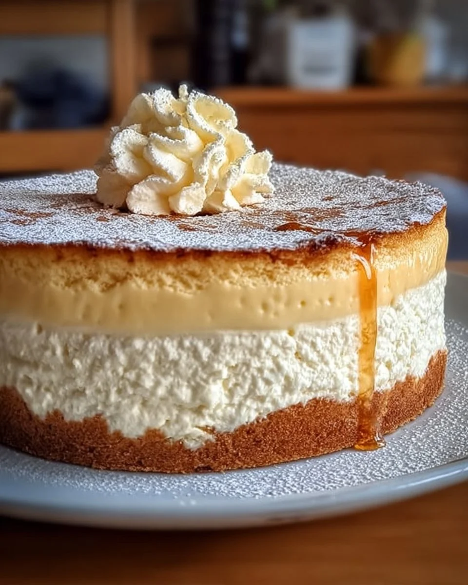 Quark-Schneekuchen mit Vanillepudding auf einem Teller serviert