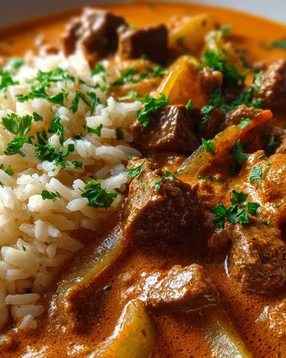 Ein köstliches Gericht Rahmgulasch, serviert mit Beilagen in einer Schüssel.