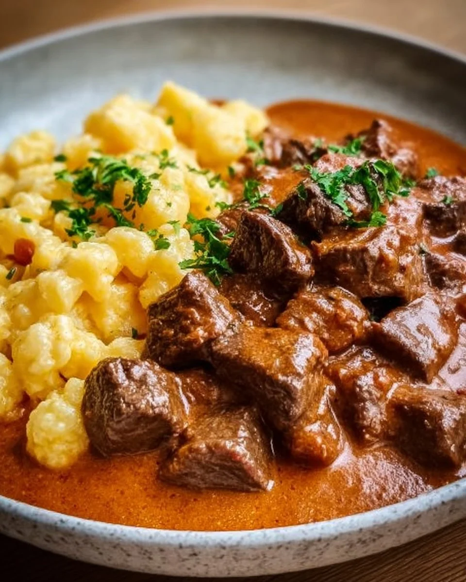 Schüssel mit köstlichem Rahmgulasch serviert auf einem Tisch