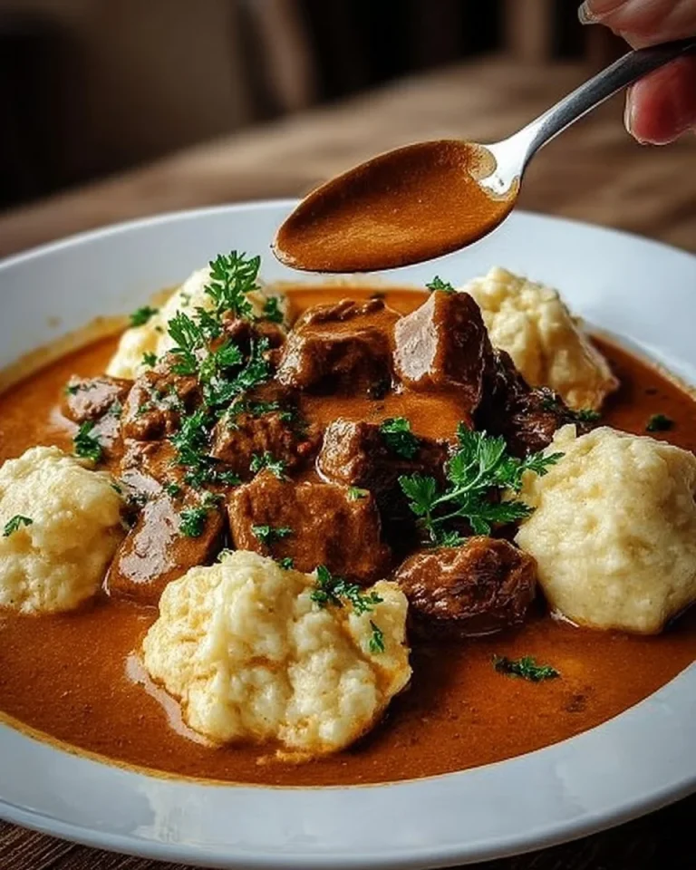 Rahmgulasch mit Serviettenknödeln auf einem Teller serviert
